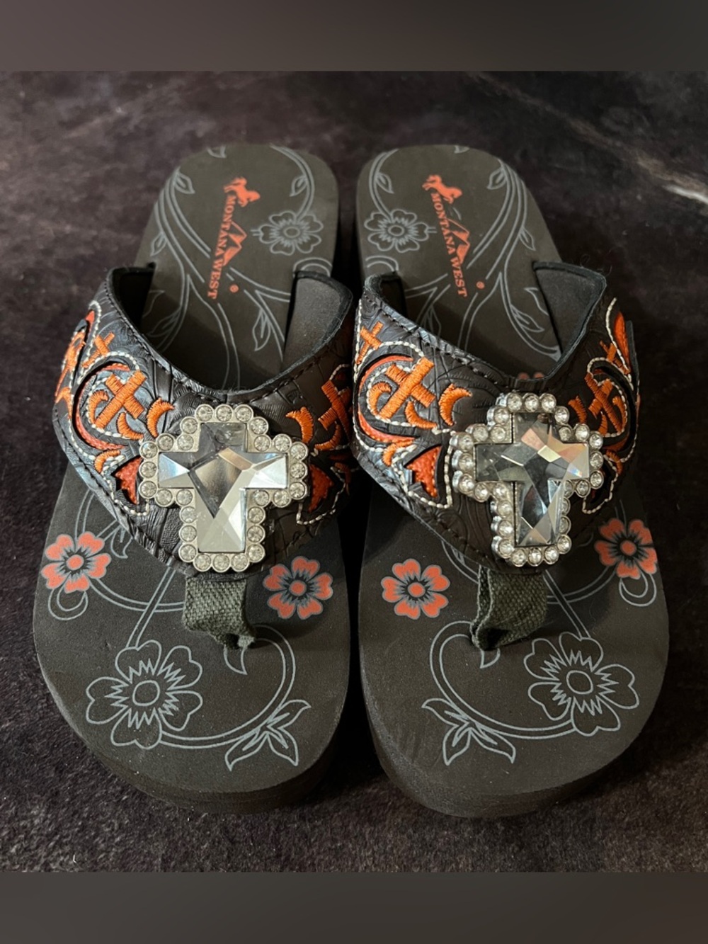 Montana West Embellished Brown & Orange Wedge Flip Flops with Crystal Accent - Picture 3 of 5